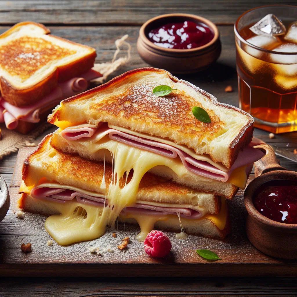 Golden fried Monte Cristo sandwich dusted with icing sugar and served with jam