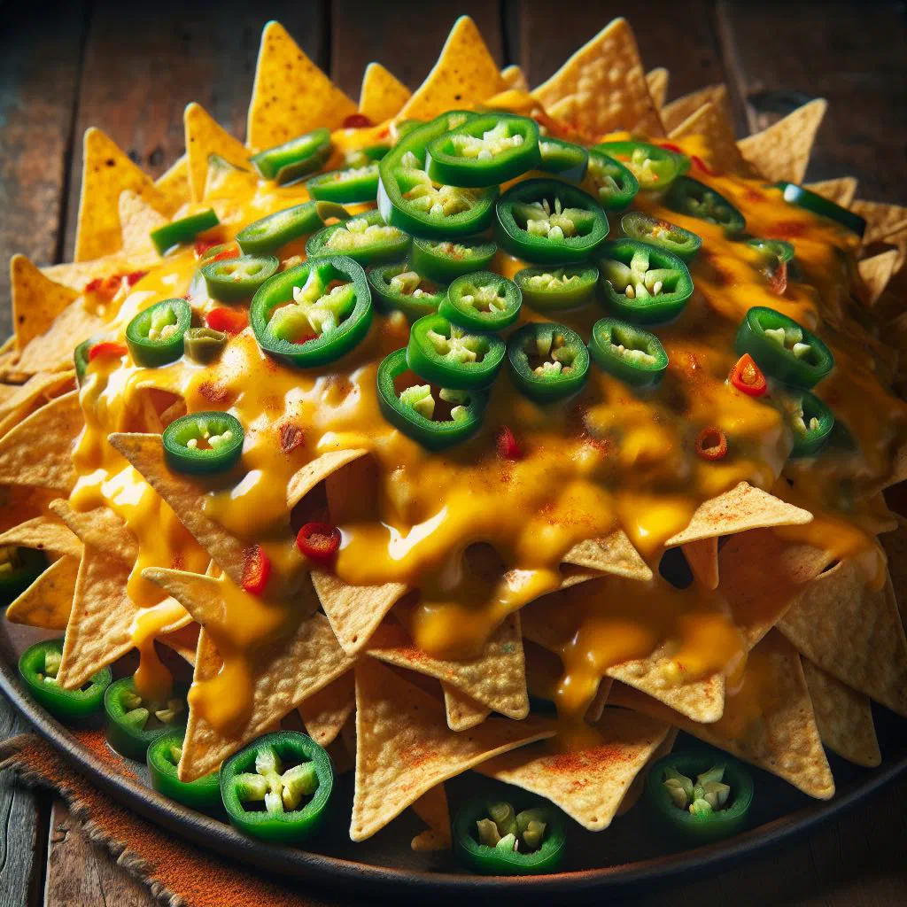 Loaded nachos with melted cheddar, jalapeños, guacamole and salsa