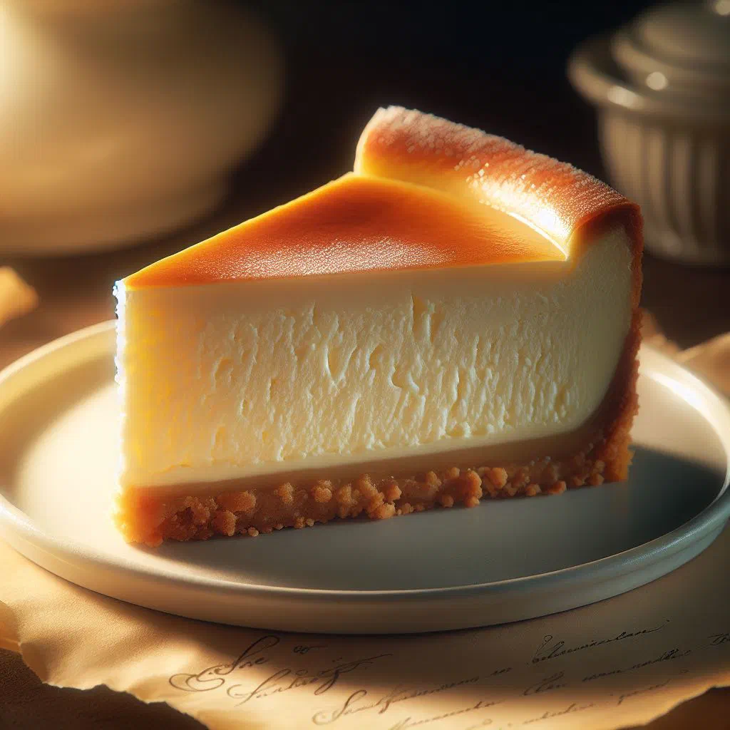 A slice of creamy New York cheesecake on a graham cracker base