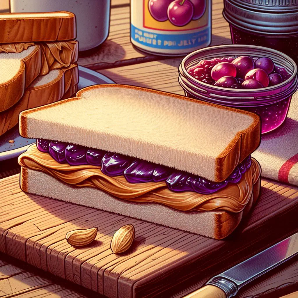 Peanut butter and jelly sandwich cut in half on a plate