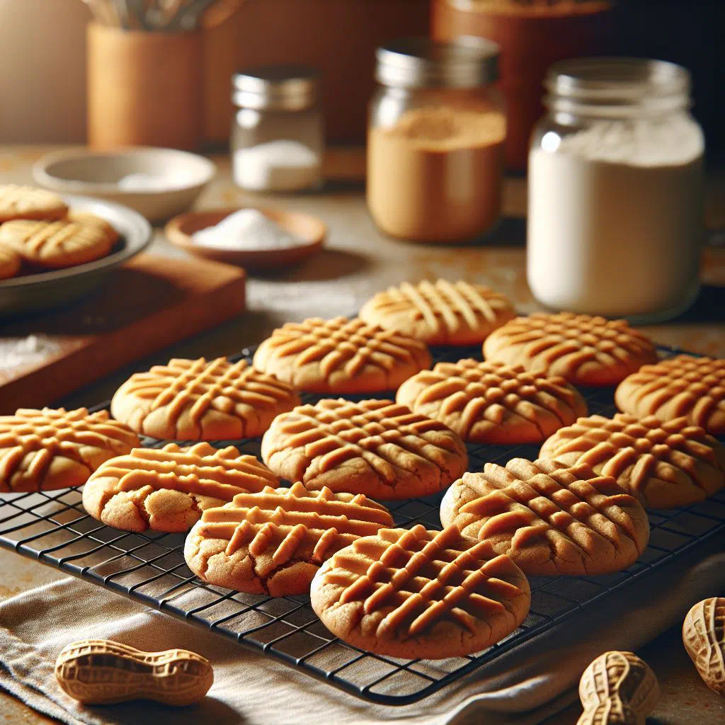 Peanut butter cookies with the classic criss-cross fork pattern on a plate