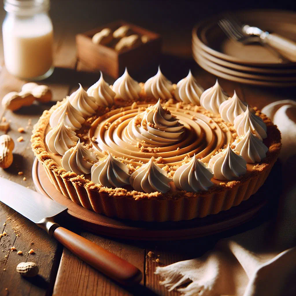A slice of creamy peanut butter pie topped with chocolate sauce and chopped peanuts