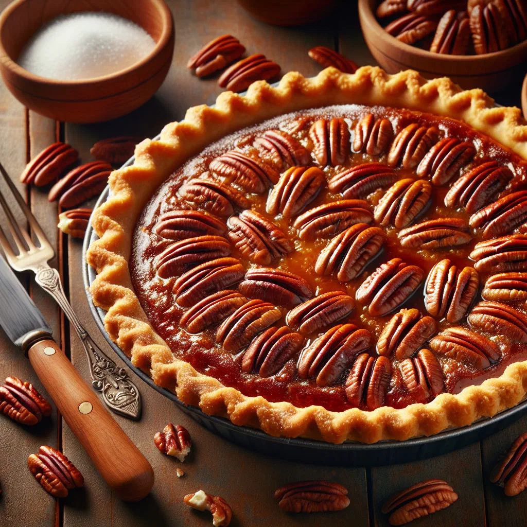 A slice of pecan pie with a golden caramel filling and toasted pecans