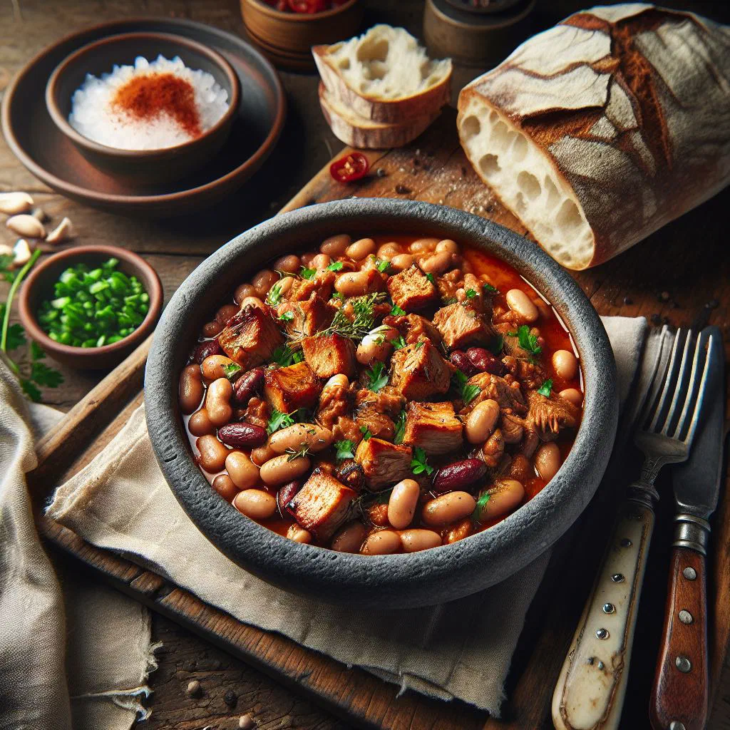 Pork and beans in a rustic bowl with a rich barbecue sauce
