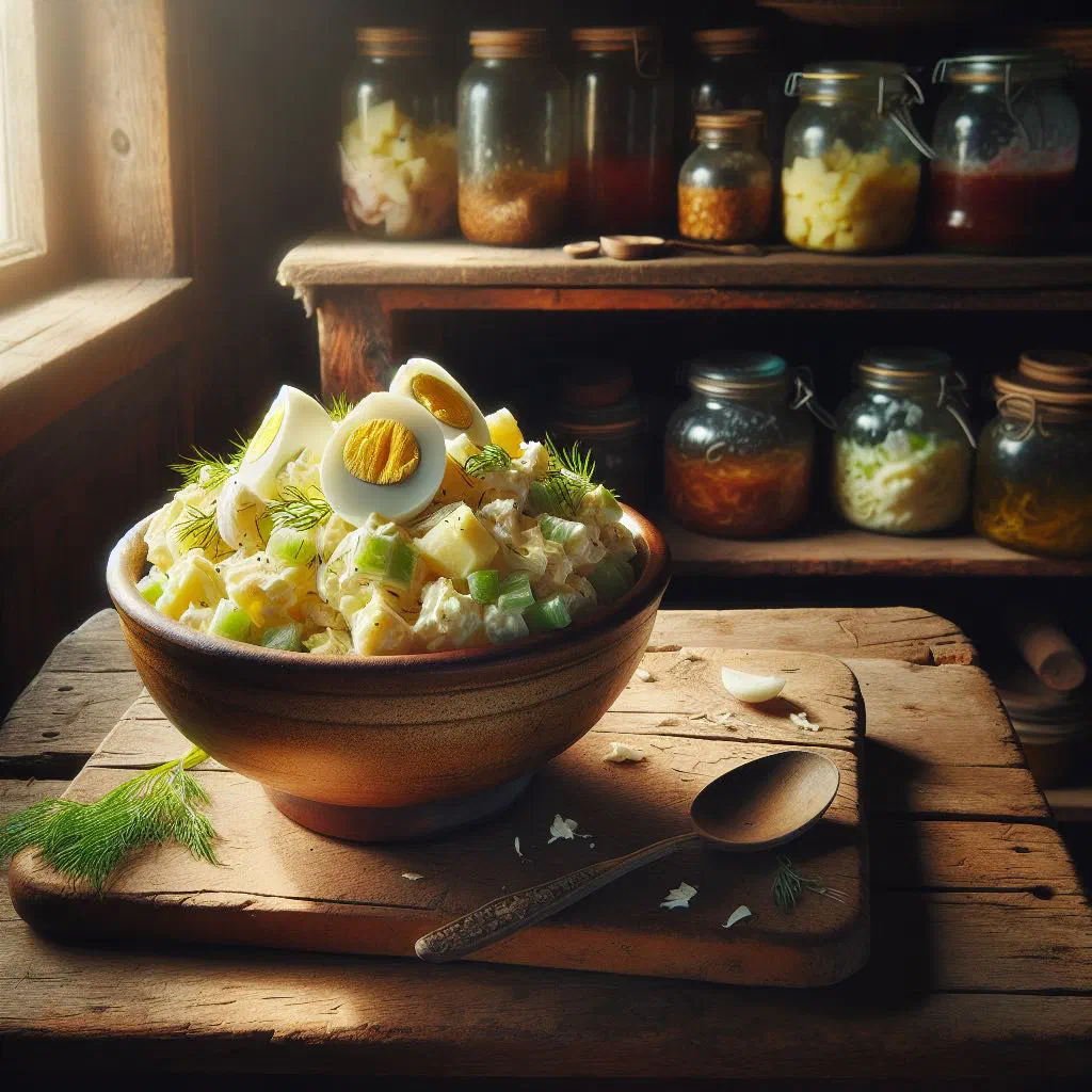 Creamy American potato salad in a bowl garnished with fresh parsley