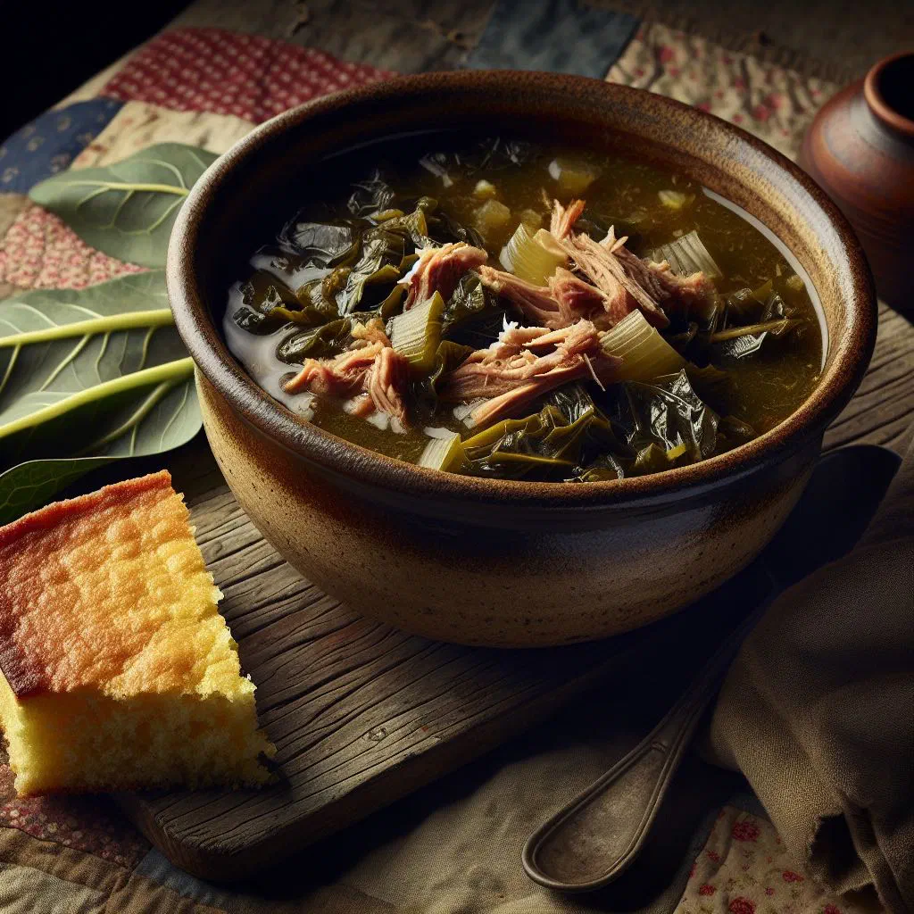 A rustic bowl of potlikker soup with greens and broth