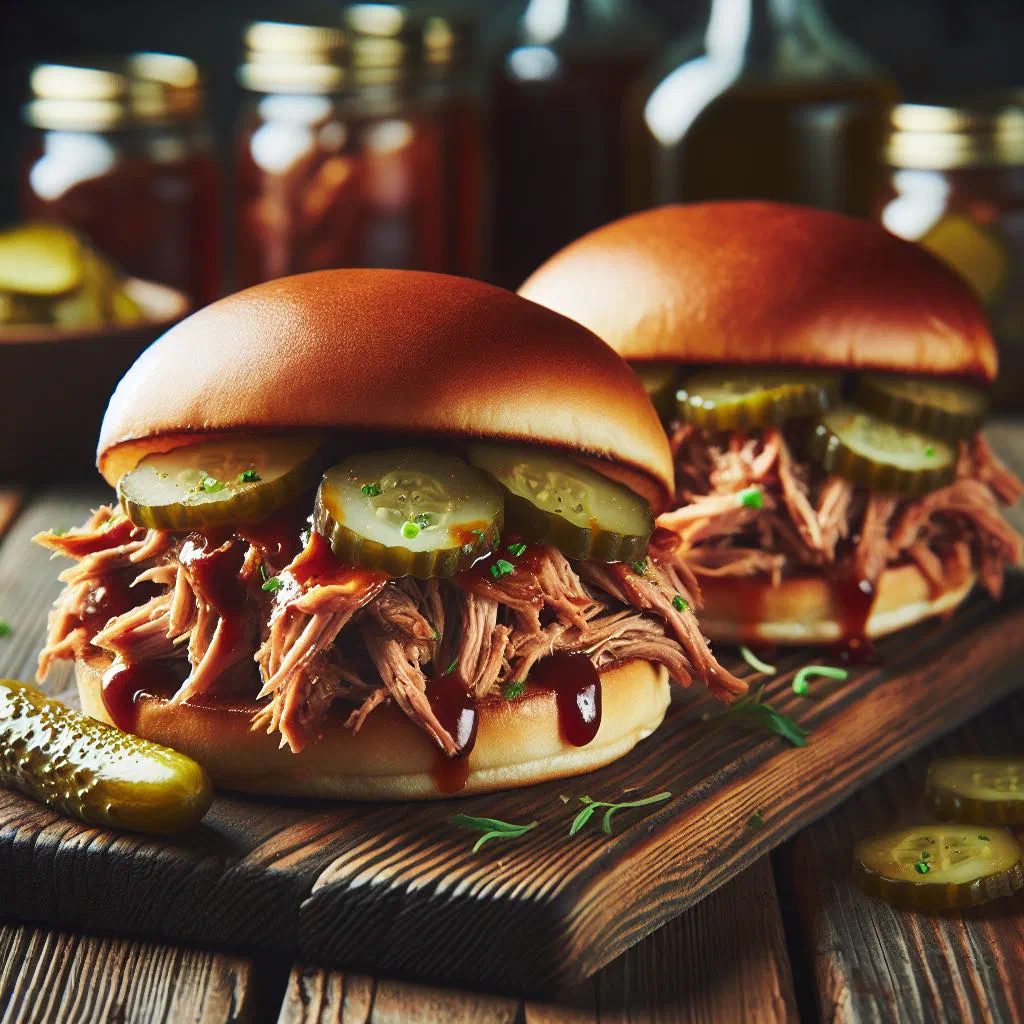 Pulled pork sandwich piled high with BBQ-glazed shredded pork in a toasted bun