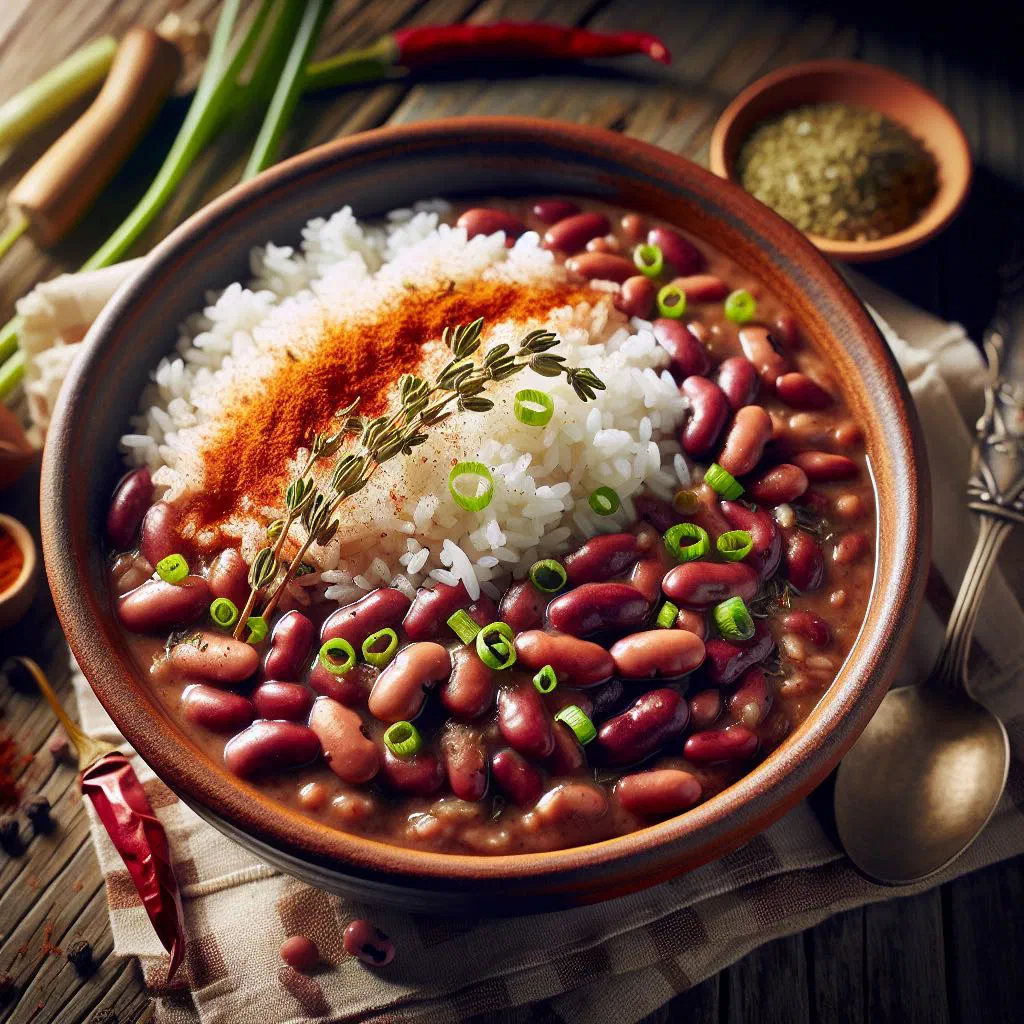 A bowl of red beans and rice garnished with fresh herbs