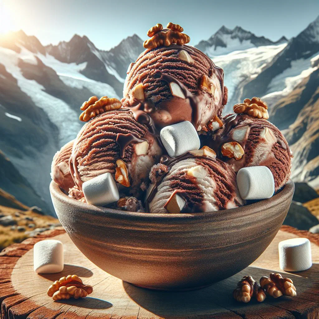 Scoops of rocky road ice cream with chocolate, marshmallows and nuts