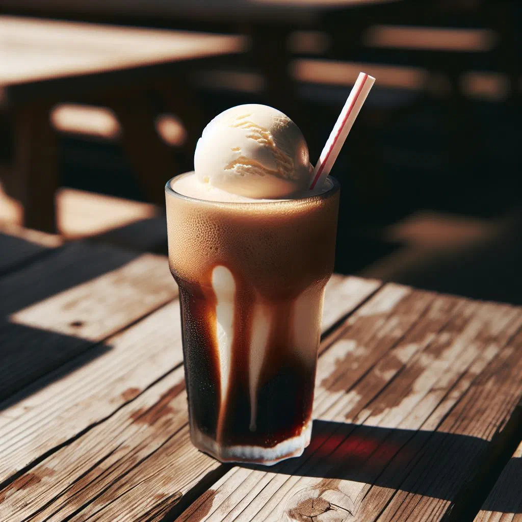 Root beer float in a tall glass topped with vanilla ice cream