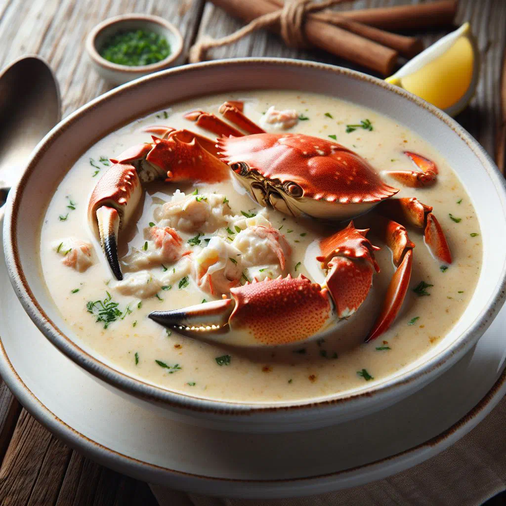 A bowl of creamy she-crab soup garnished with parsley