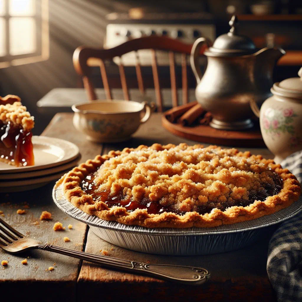 A slice of shoofly pie with a gooey molasses filling and crumb topping