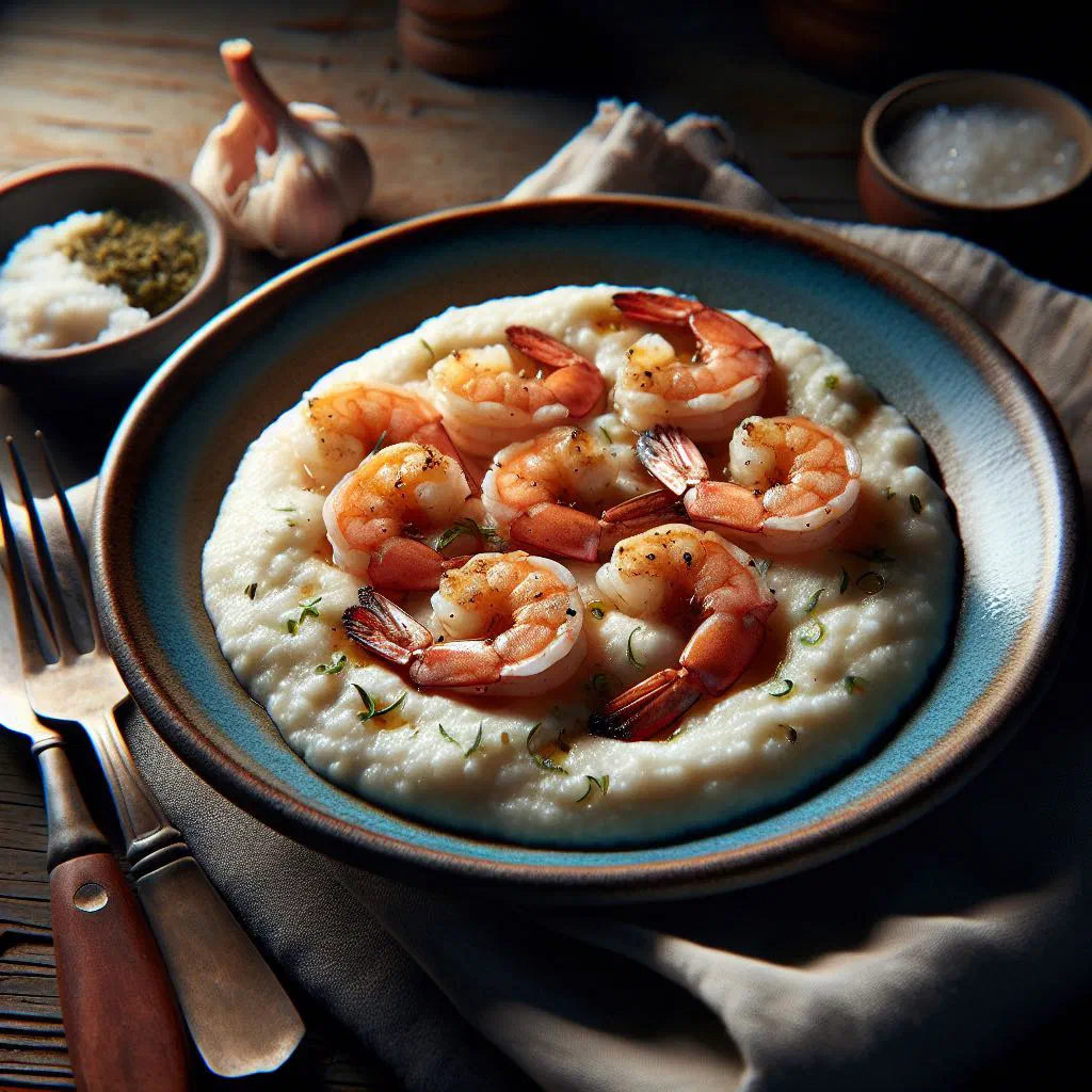 Sautéed shrimp served over creamy grits, garnished with fresh parsley