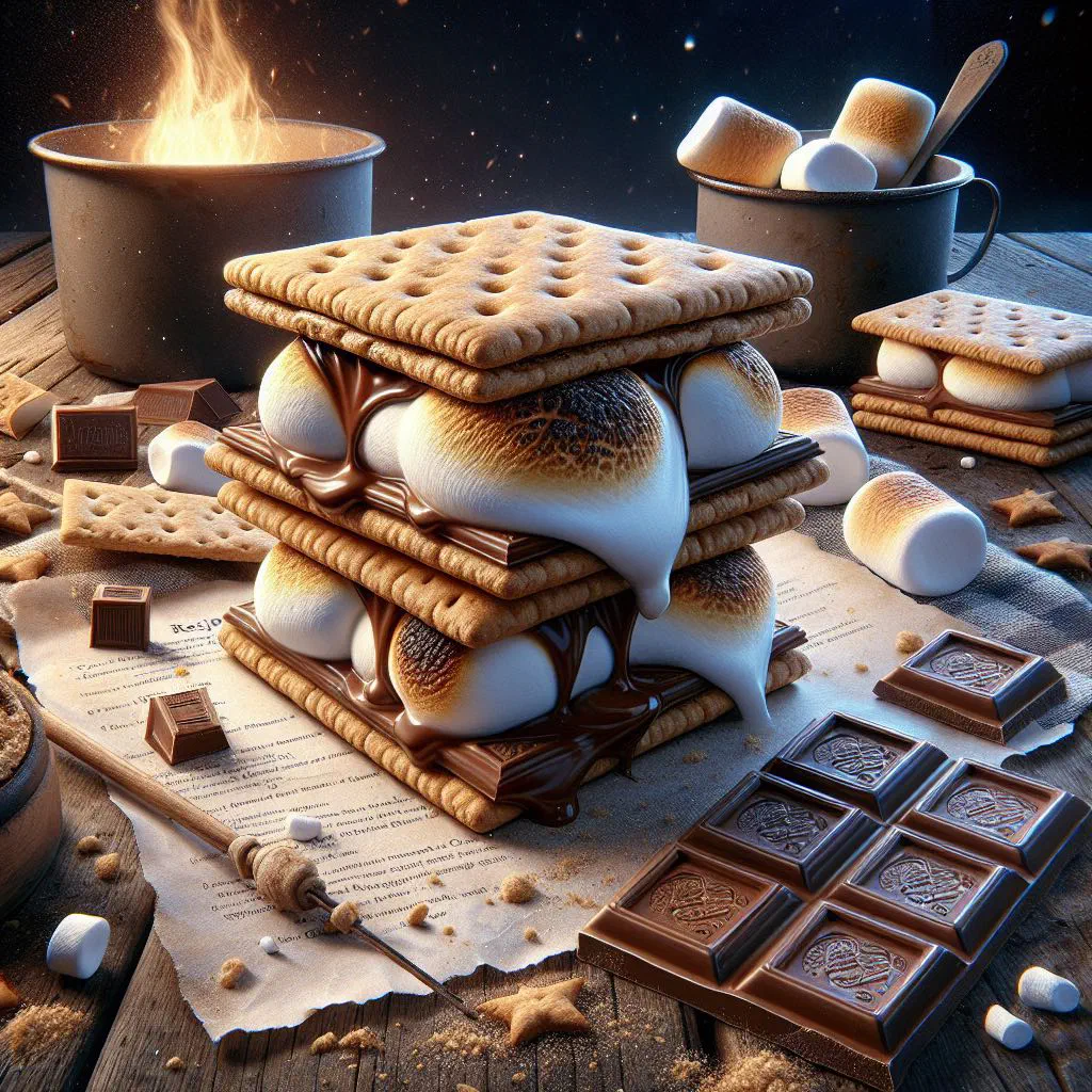A gooey s’more with toasted marshmallow and melting chocolate between two graham crackers