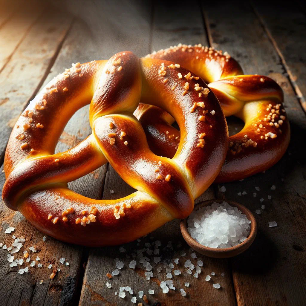 Golden-brown soft pretzels sprinkled with coarse salt