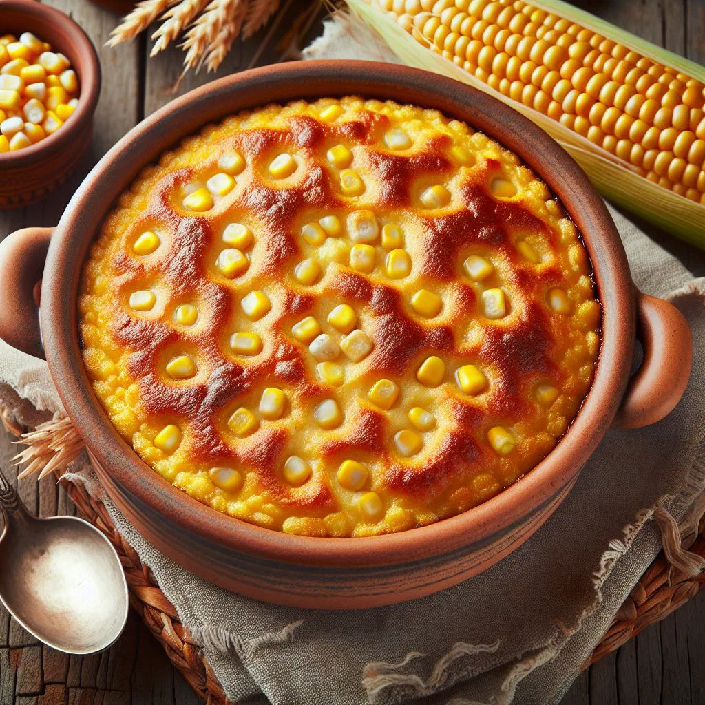 Golden baked Southern corn pudding in a rustic dish