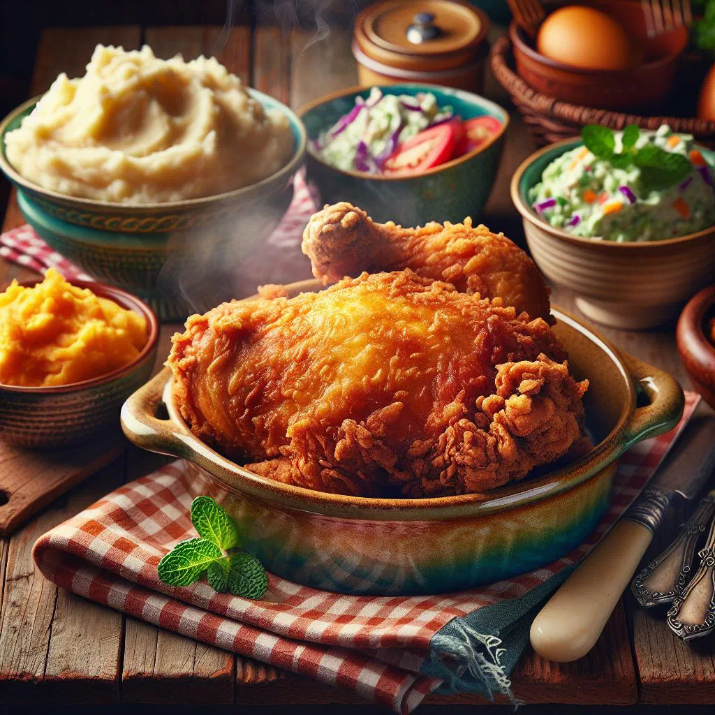 Golden, crispy Southern fried chicken pieces on a serving board