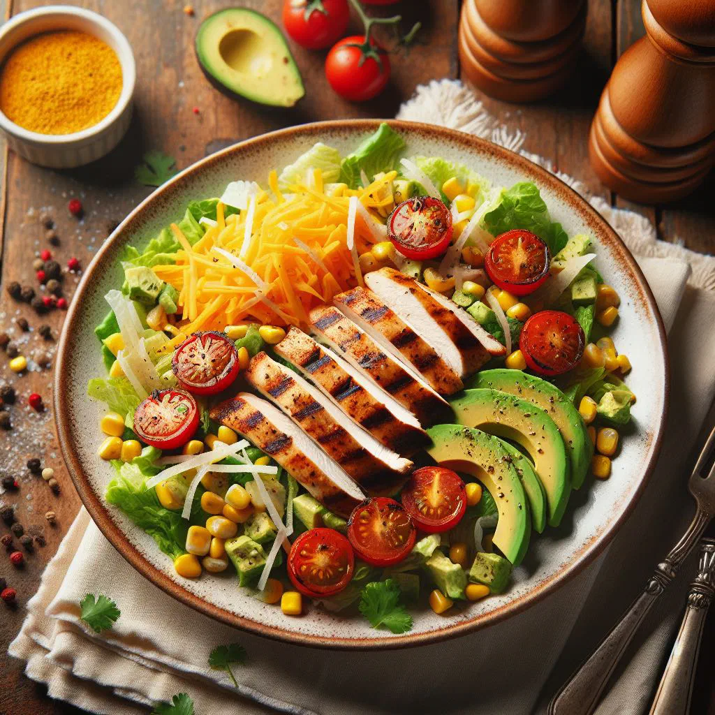 Southwest chicken salad with avocado, black beans, sweetcorn and cherry tomatoes
