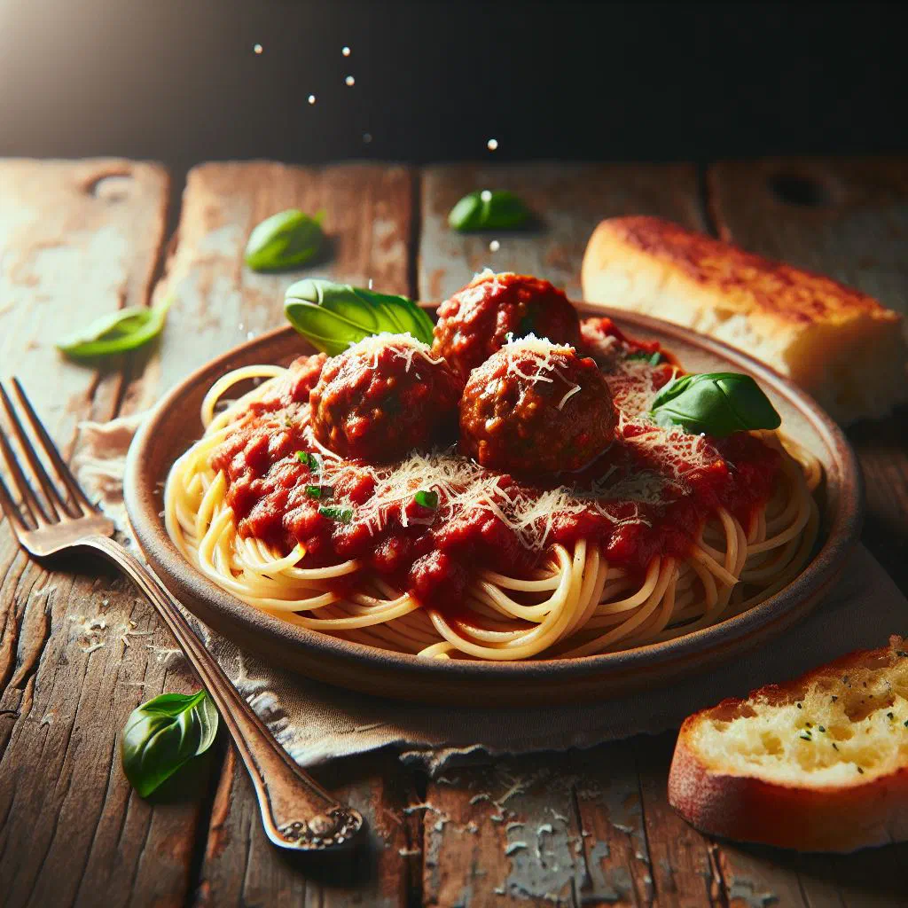 Spaghetti and meatballs in tomato sauce topped with grated parmesan