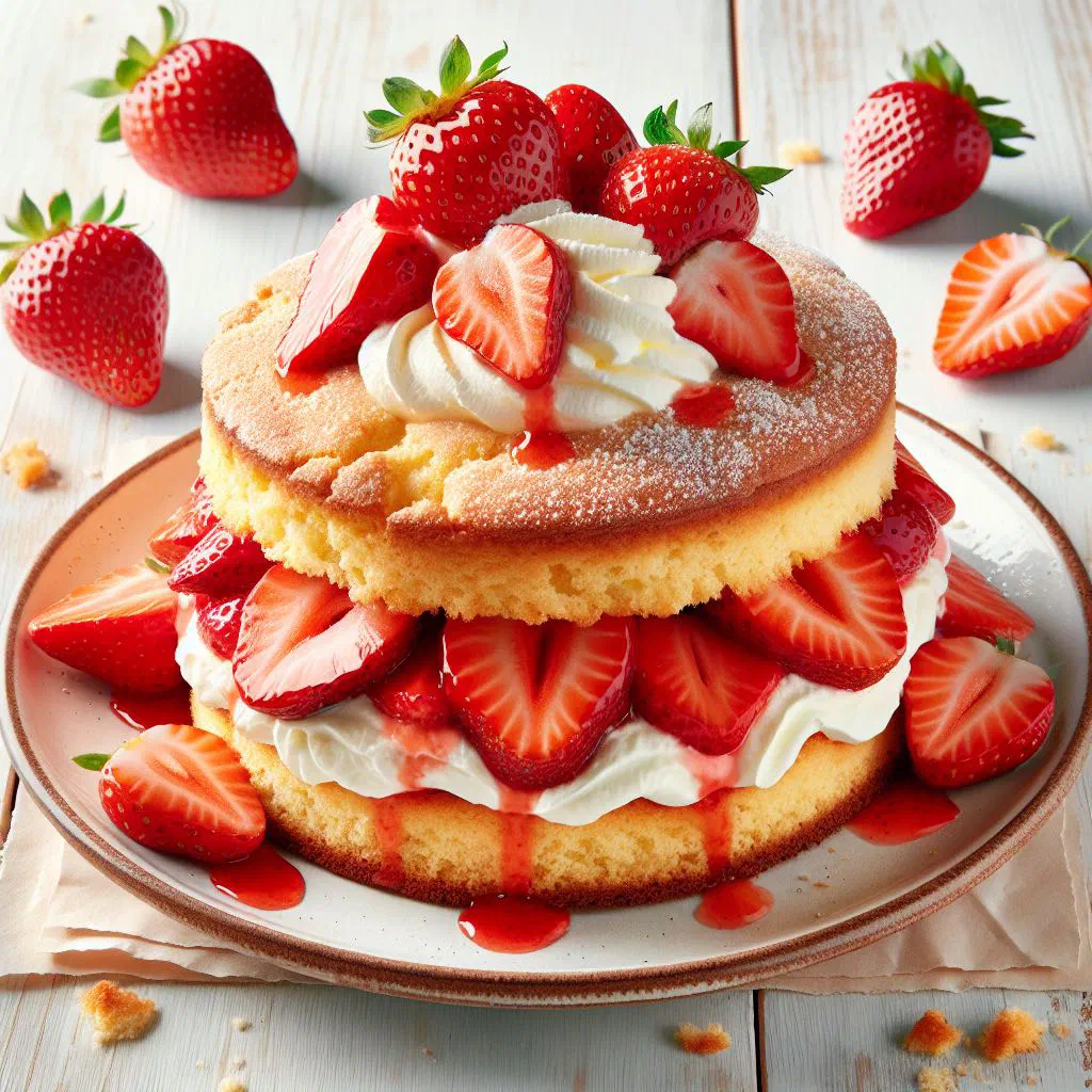 Strawberry shortcake with whipped cream and fresh strawberries