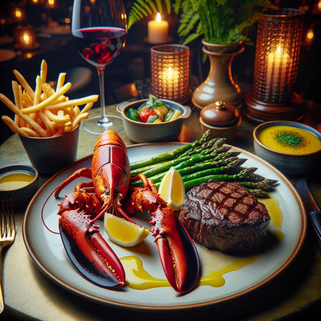 Surf and turf with a seared steak and buttery prawns on a plate