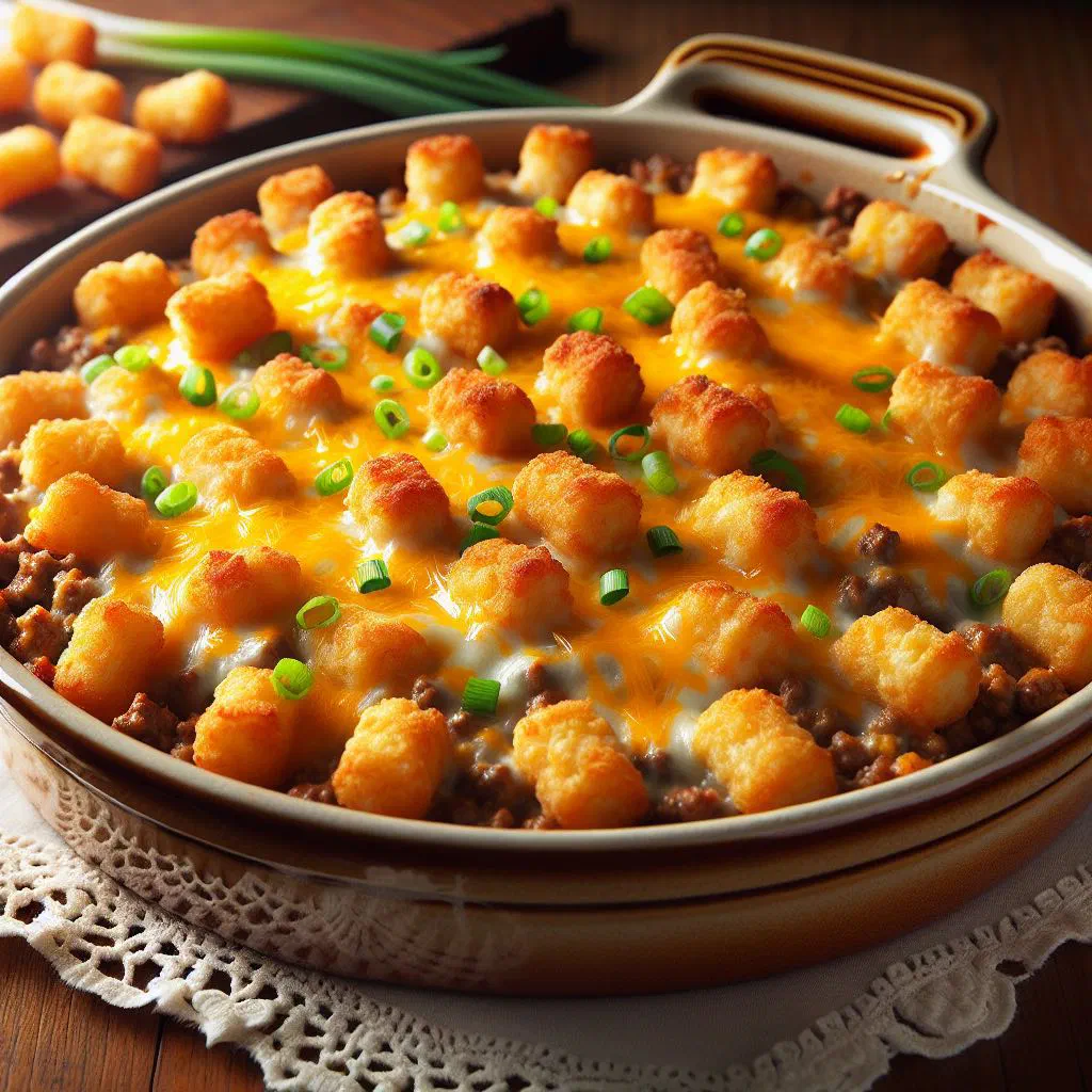 Tater tot casserole with golden potato tots and melted cheese in a baking dish