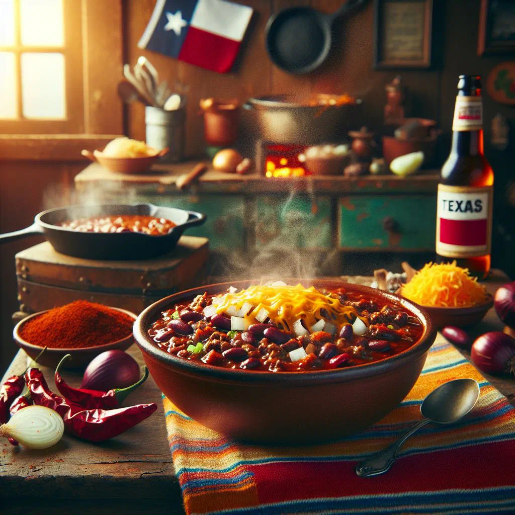 A bowl of Texas chili topped with chopped spring onions