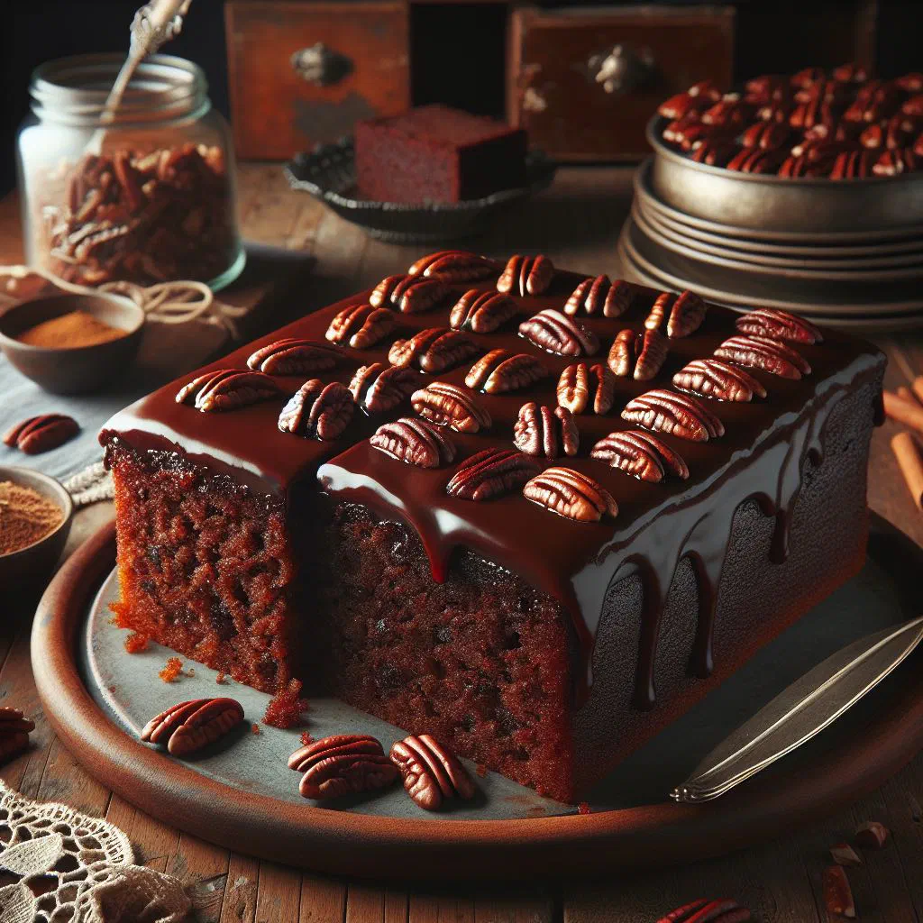 A slice of Texas sheet cake with glossy chocolate icing