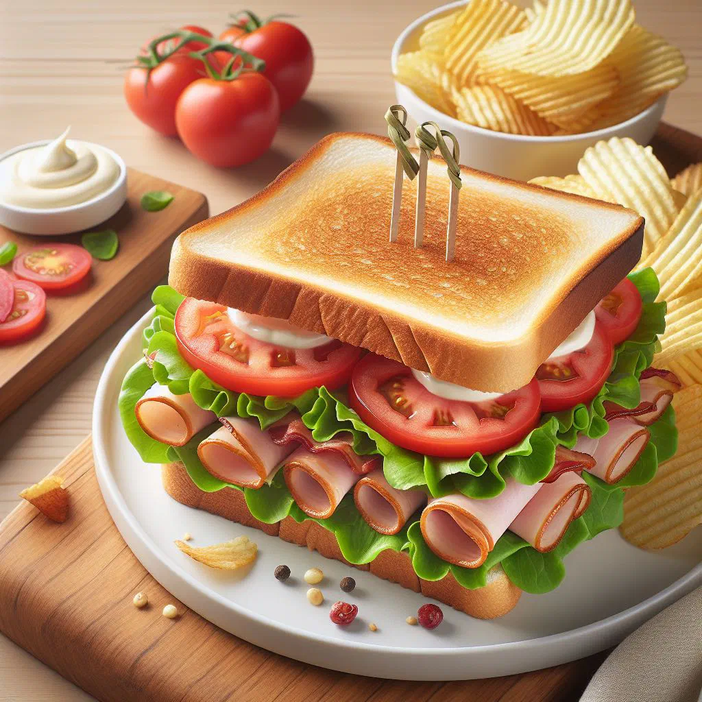 Triple-stacked turkey club sandwich cut into halves with turkey, bacon, lettuce and tomato