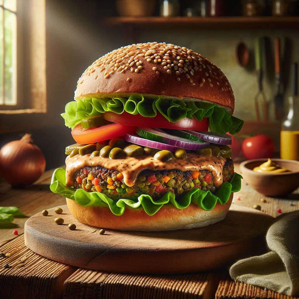 Veggie burger with a black bean patty in a toasted bun with fresh toppings