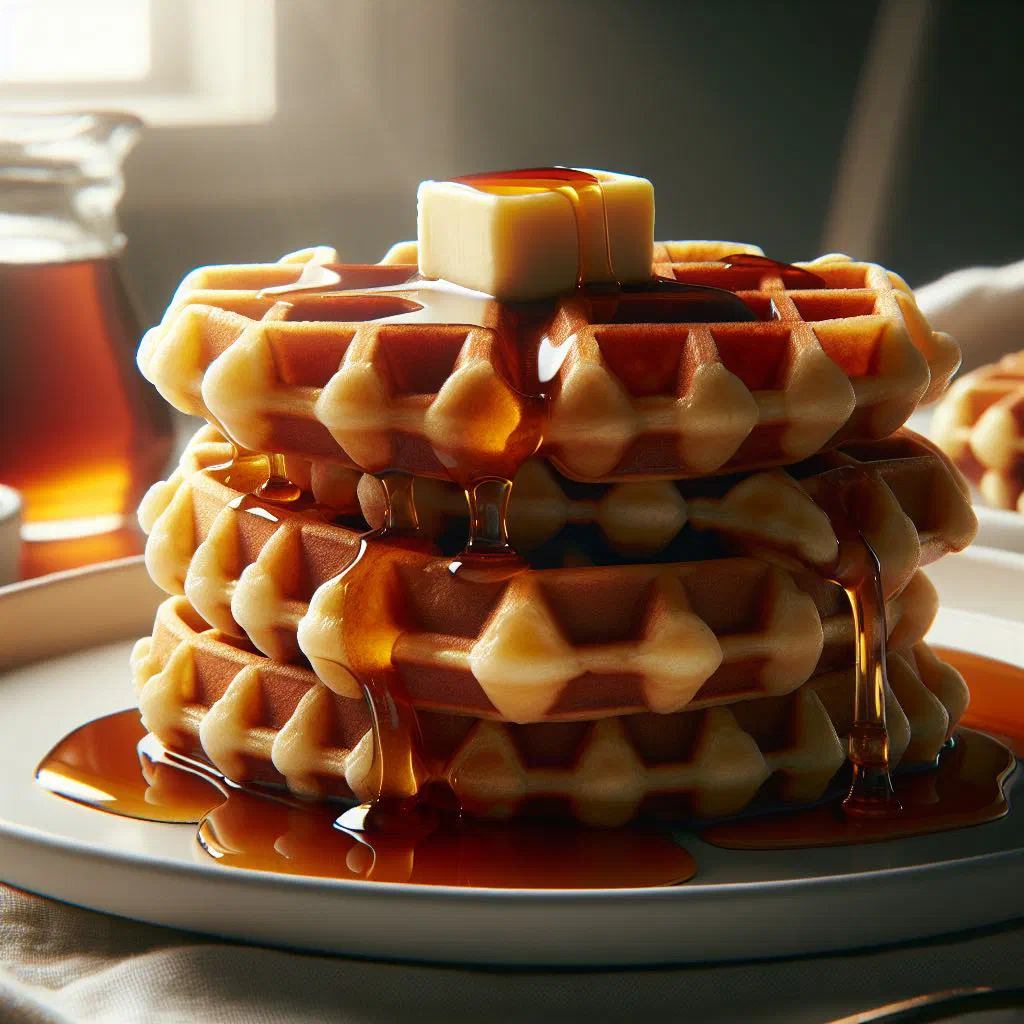 Golden waffles drizzled with maple syrup on a plate