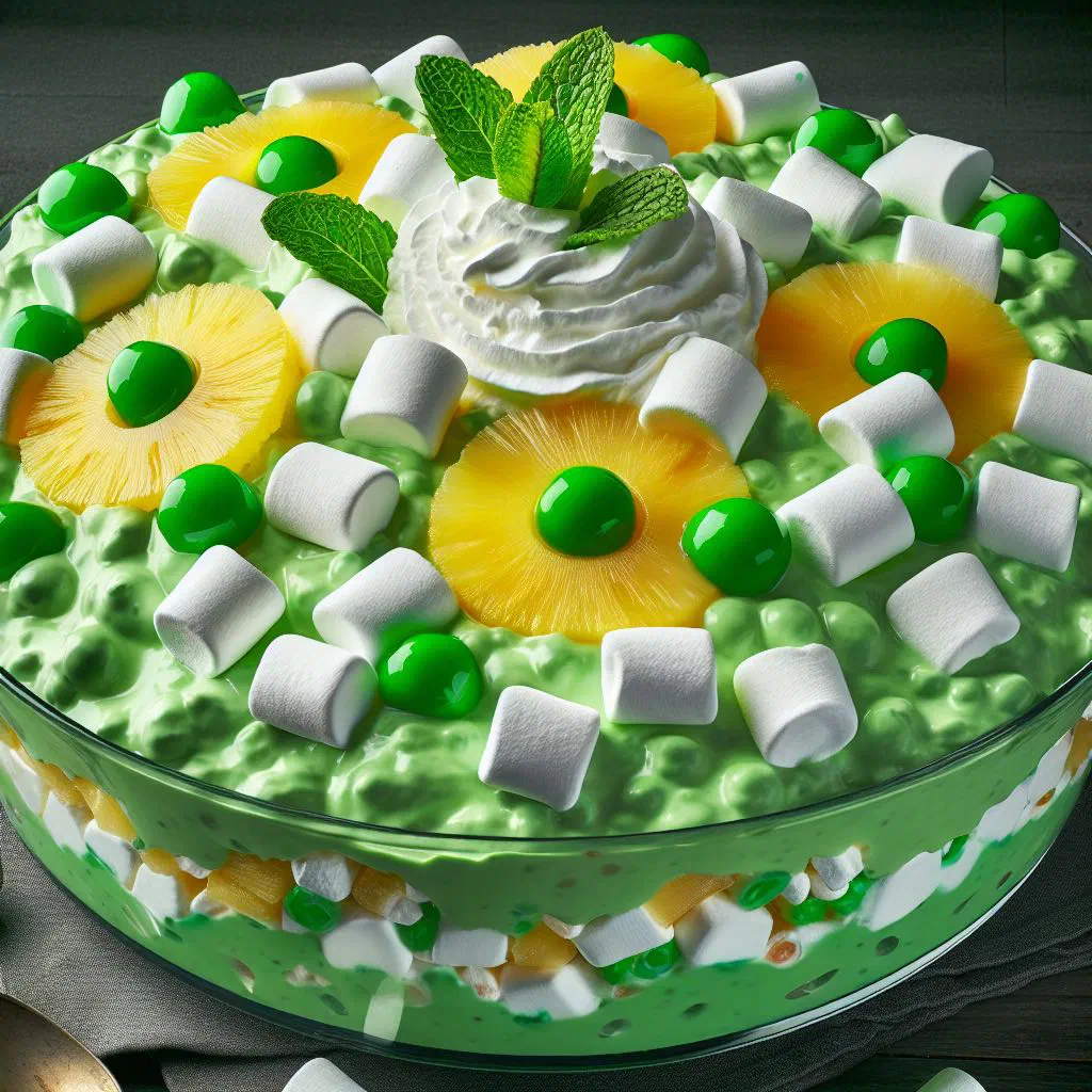 A bowl of pale green Watergate salad topped with mini marshmallows and chopped pecans