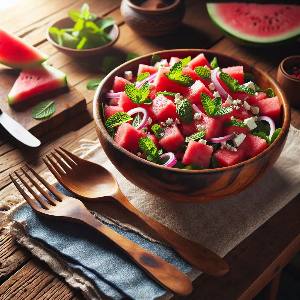 Watermelon salad with crumbled feta and fresh mint