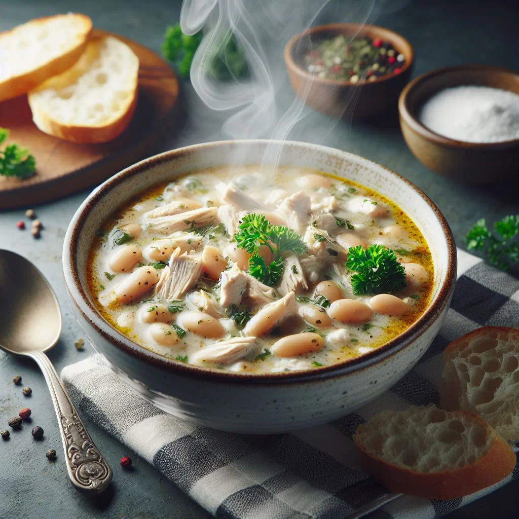 A bowl of creamy white chicken chili topped with fresh coriander