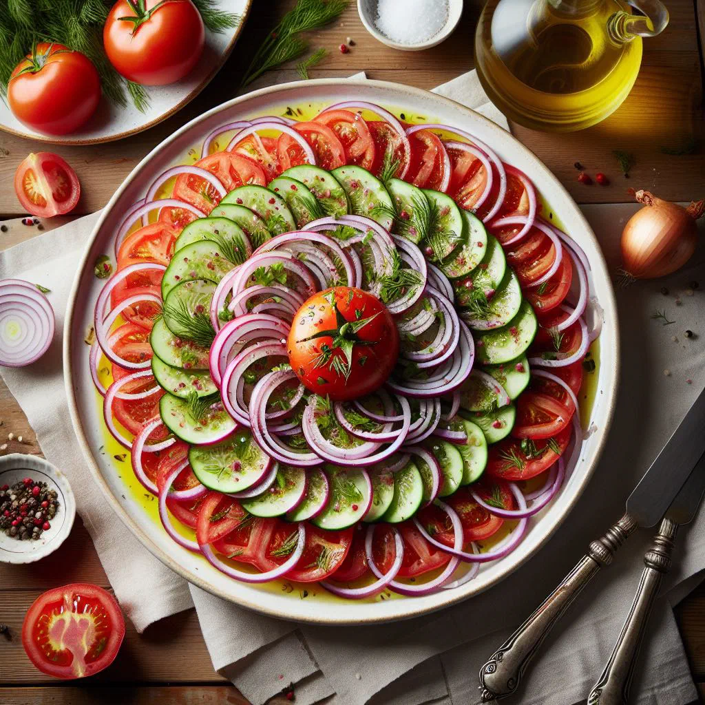 Achichuk salad of sliced tomatoes, onions and fresh parsley in a shallow bowl