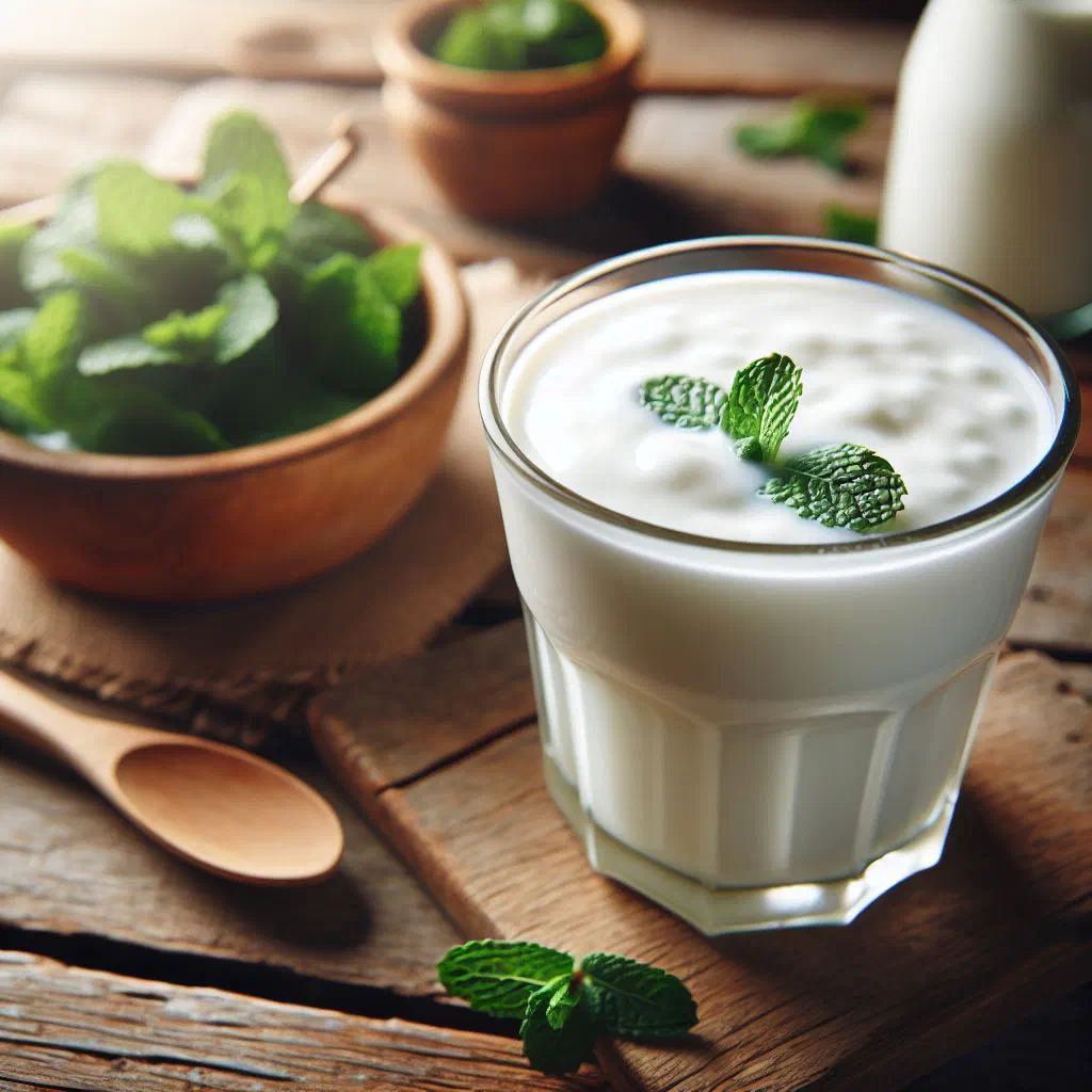 Chilled ayran yoghurt drink in a tall glass with fresh mint