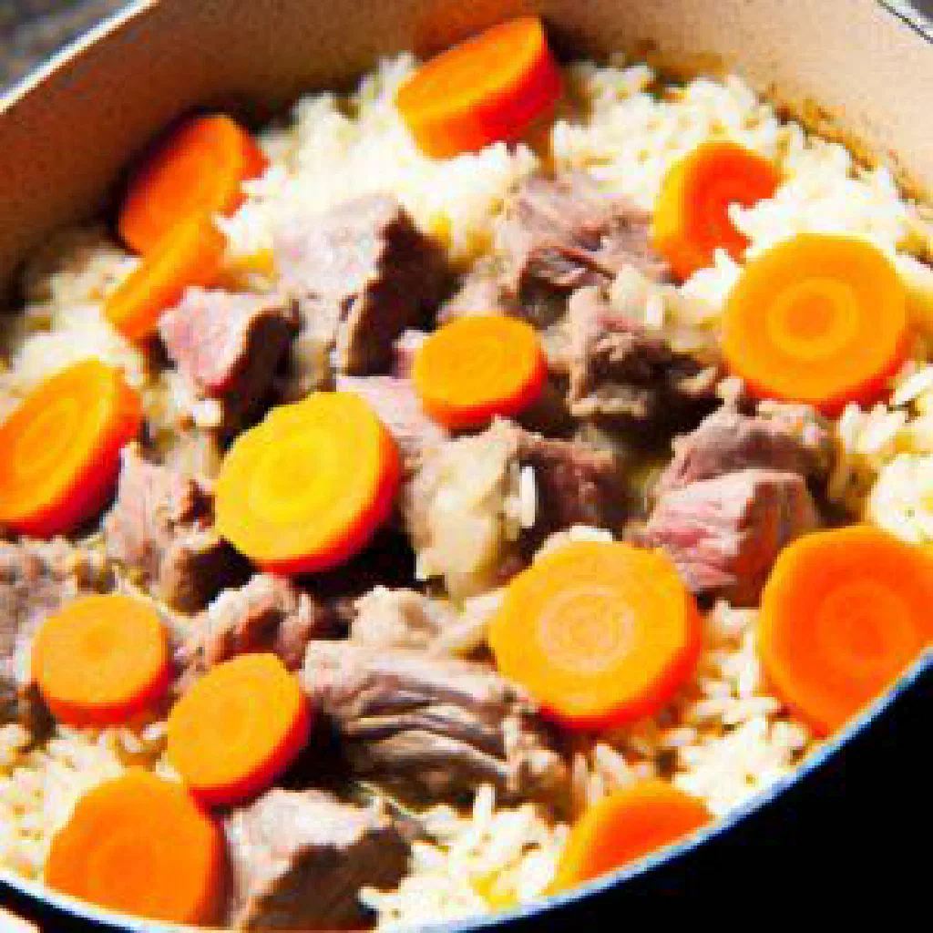 Bakhsh, an Uzbek rice dish with tender meat, carrots and fresh herbs