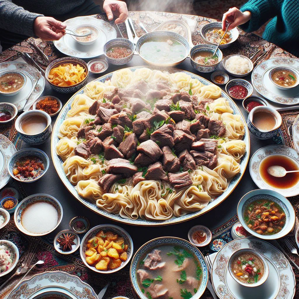 Beshbarmak with tender lamb and hand-rolled noodle sheets in broth