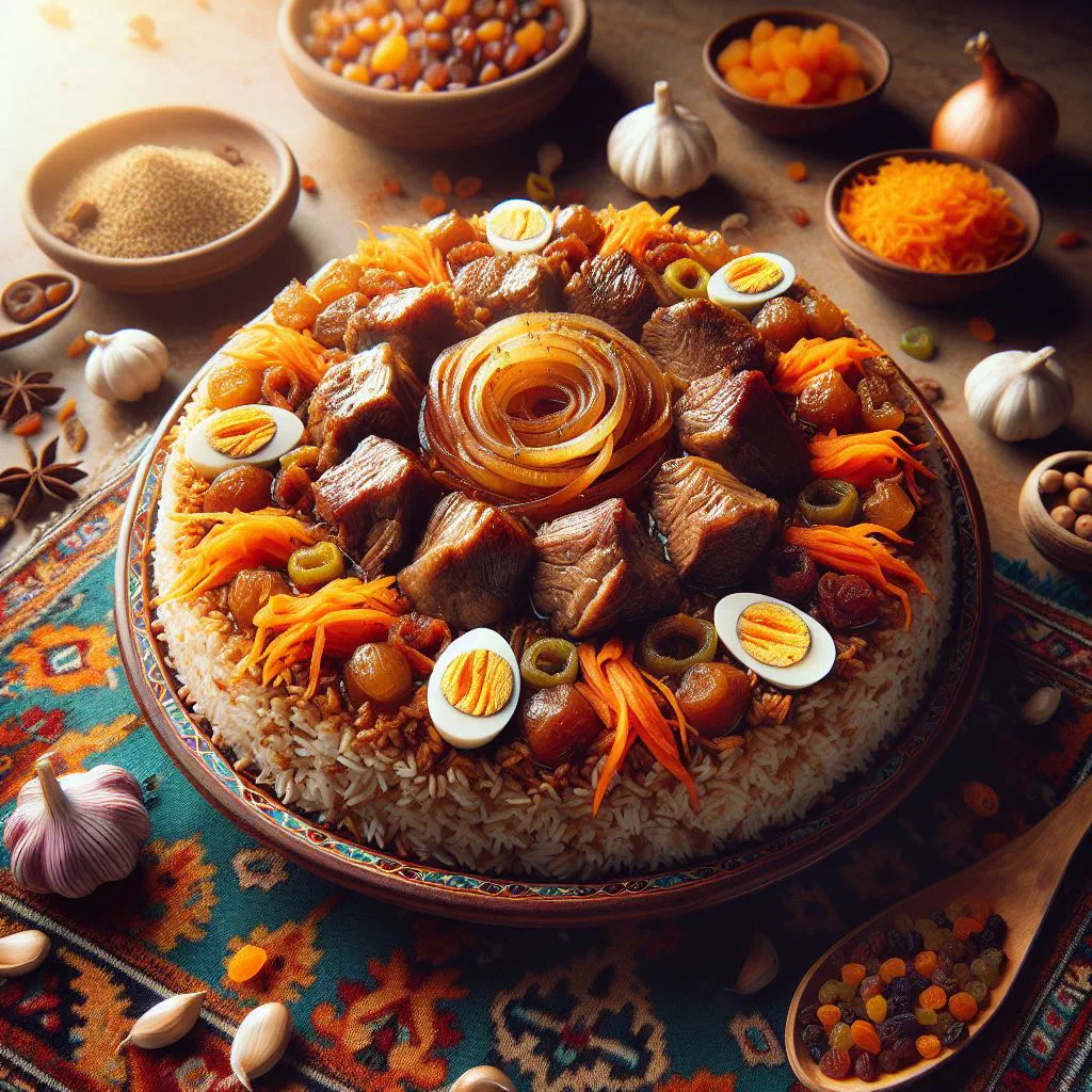 Bukhara plov with rice, tender lamb, carrots and whole garlic bulbs
