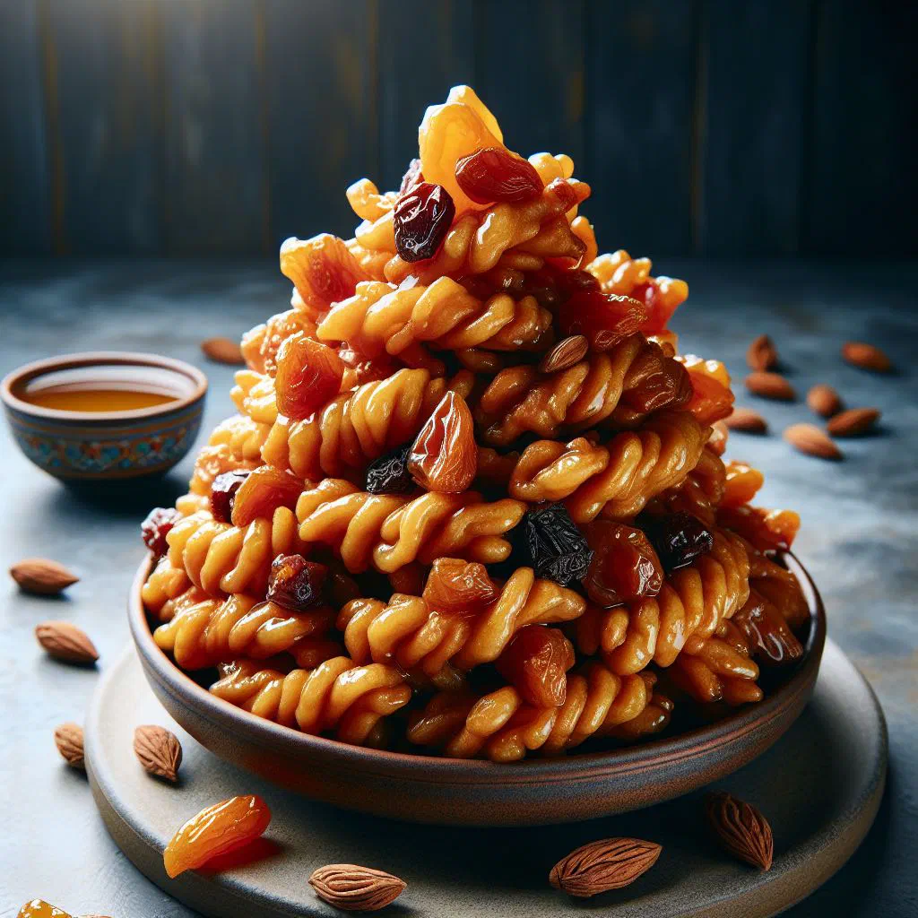 Golden fried chak-chak pieces glazed with honey syrup and scattered with nuts