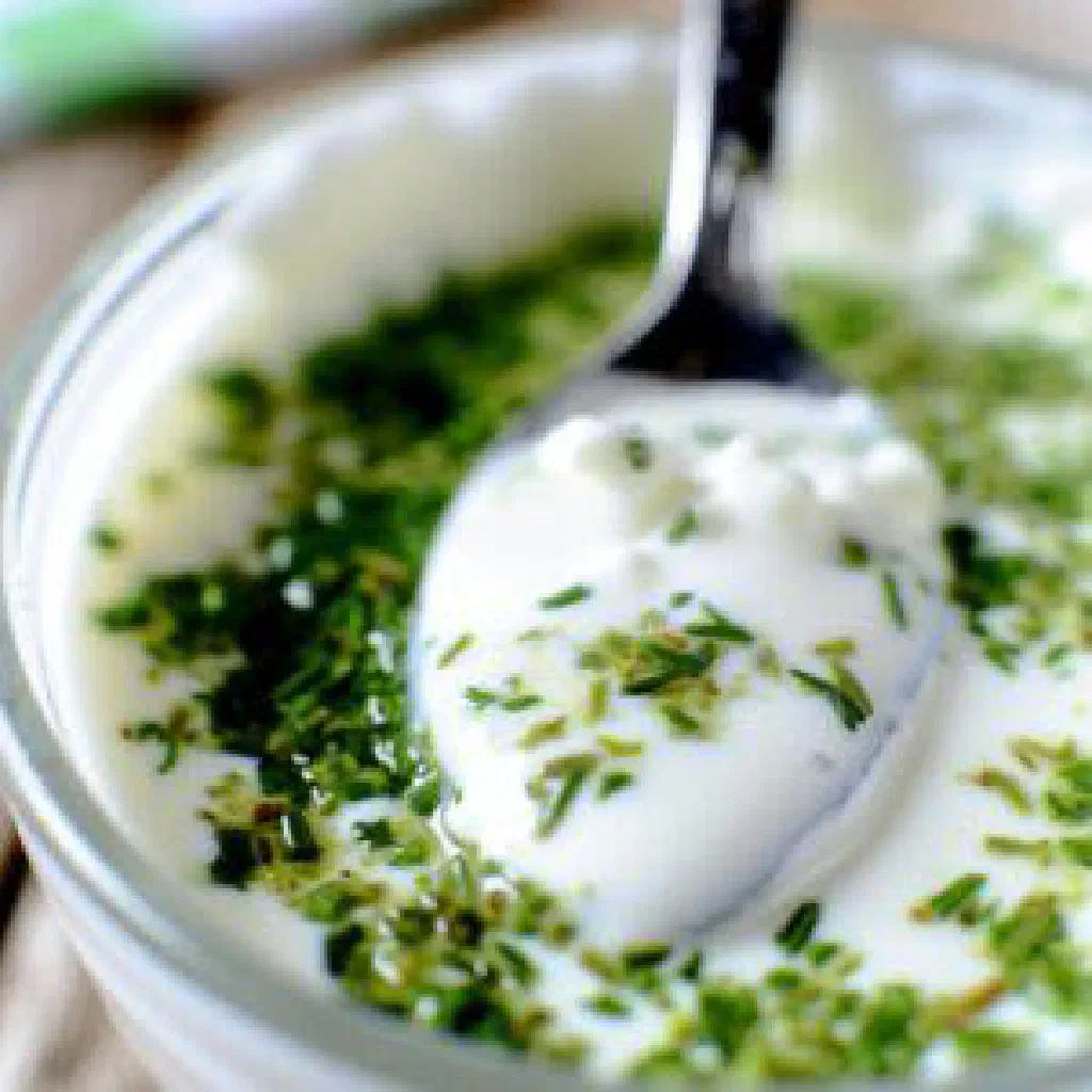 Bowl of creamy Uzbek chakka yoghurt topped with fresh herbs