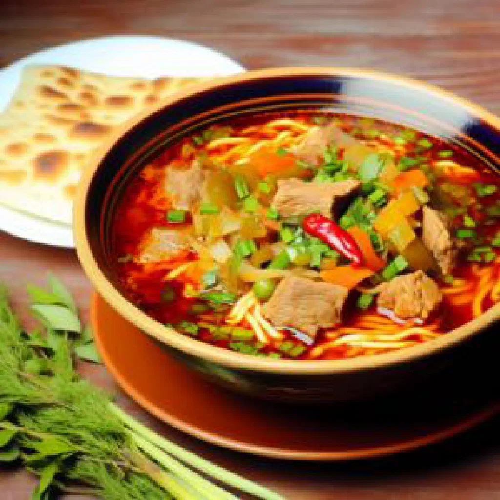 Bowl of chuzma lagman with hand-pulled noodles, vegetables and beef in broth