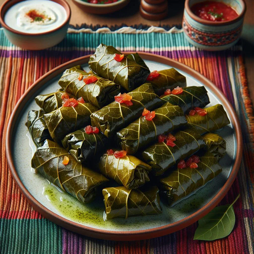 Stuffed vine leaves arranged on a plate with lemon wedges and fresh herbs