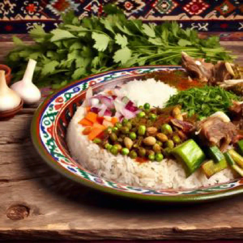 Gan fan with tender meat, vegetables and rice garnished with fresh herbs