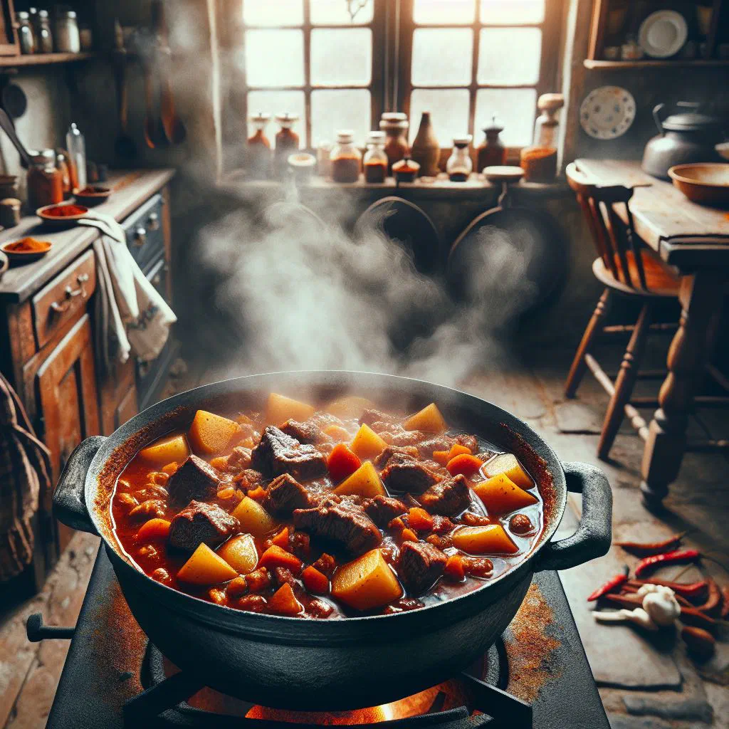 Uzbek goulash with tender beef, potatoes and peppers in a deep bowl