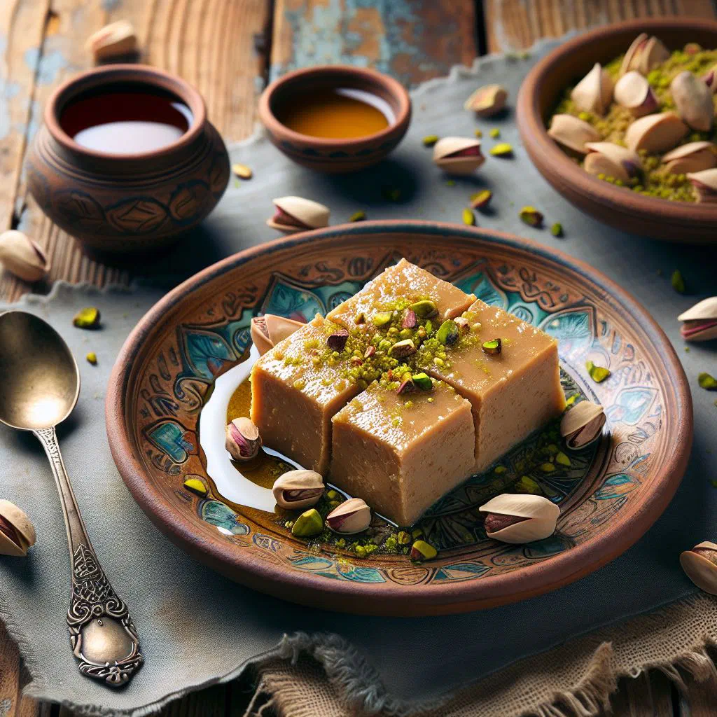Squares of Uzbek halva topped with chopped pistachios