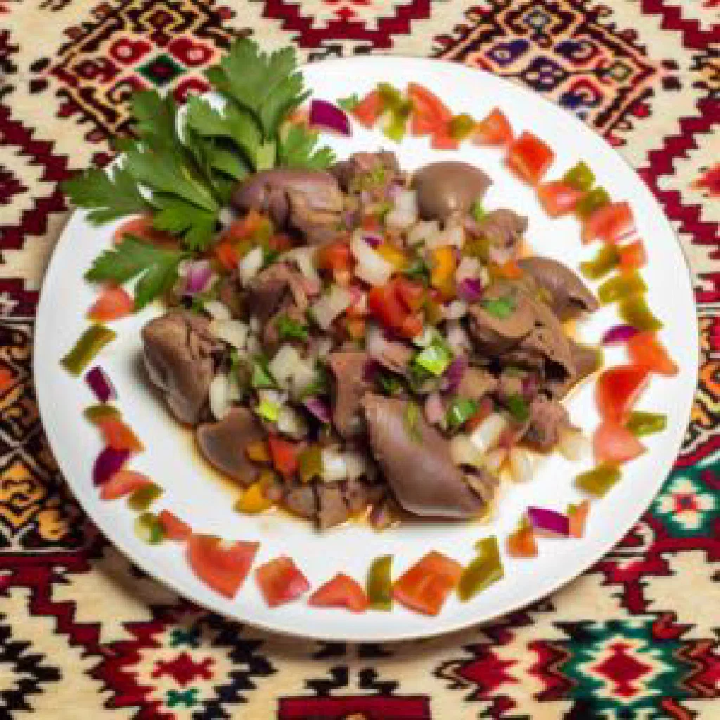 Jiz biz with tender lamb, peppers and tomatoes, garnished with fresh coriander