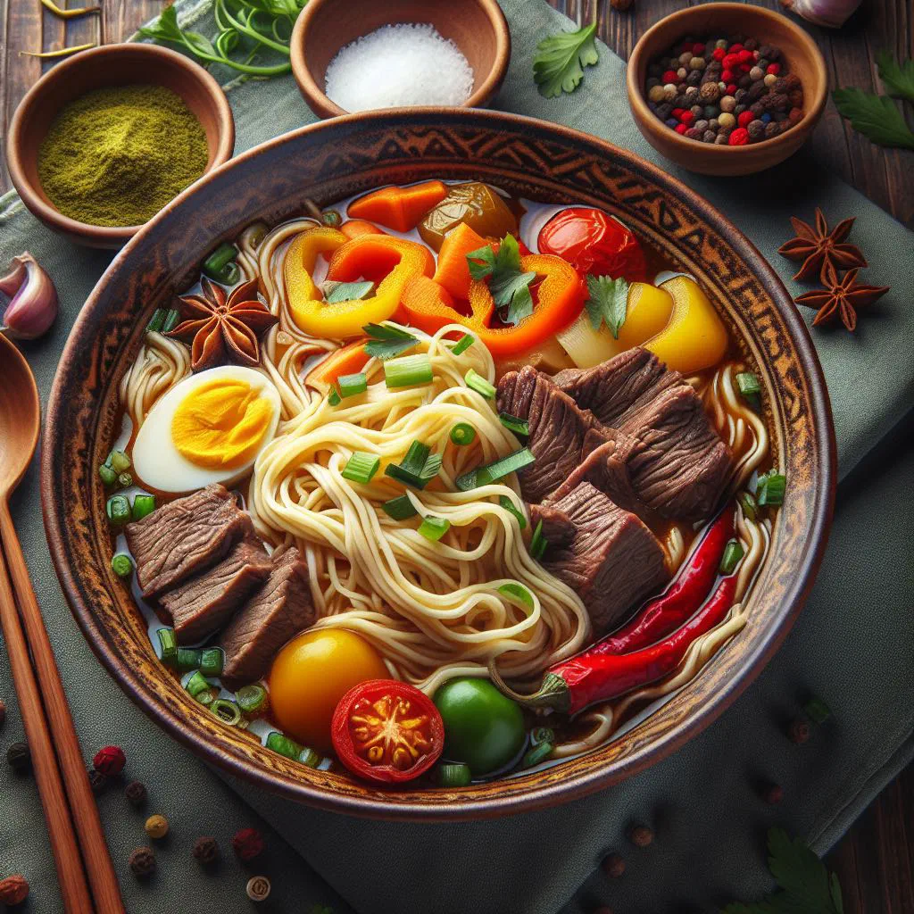 Bowl of kaurma lagman with hand-pulled noodles, beef and vegetables