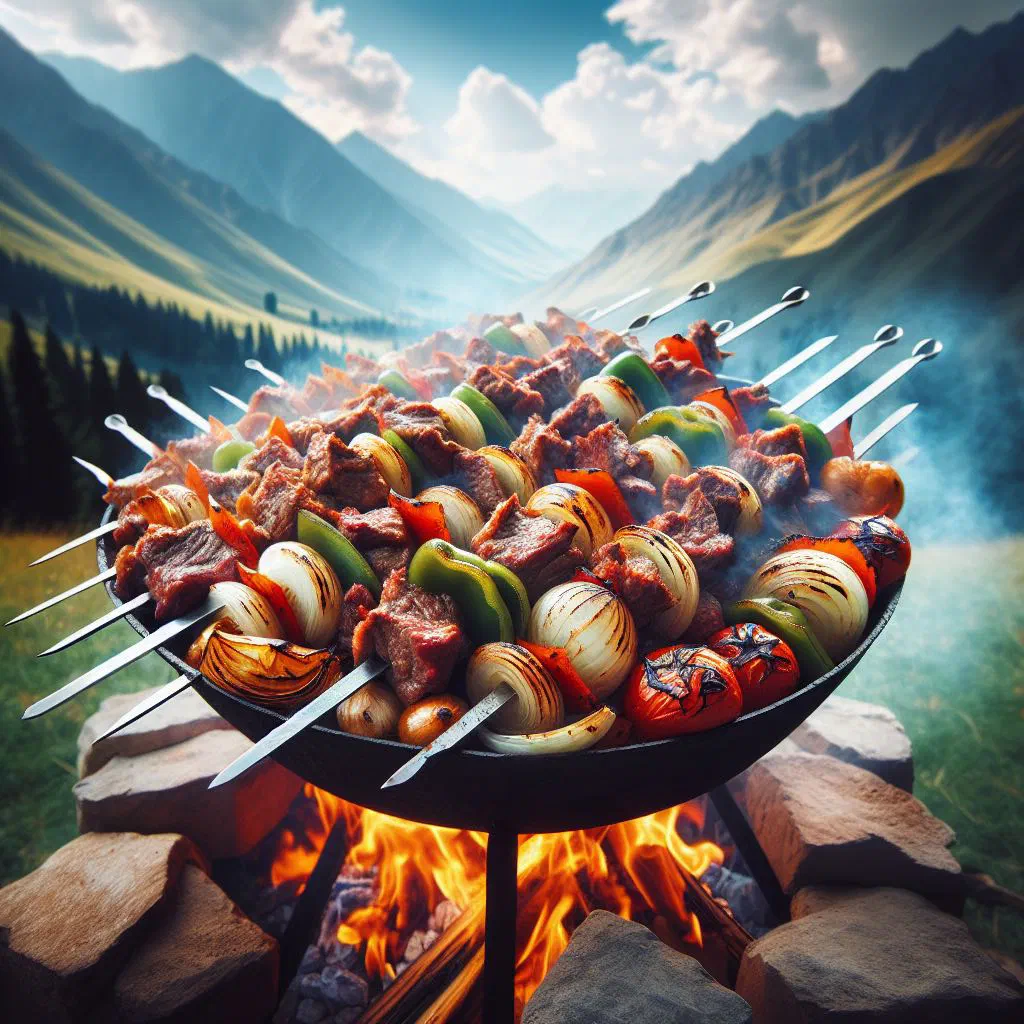 Kazan kabob with tender marinated meat, rice and fresh vegetables
