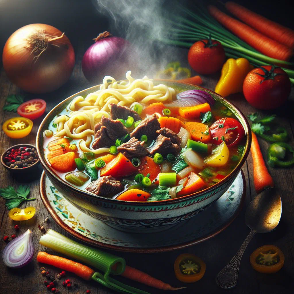 Bowl of Uzbek lagman soup with hand-pulled noodles, beef and vegetables